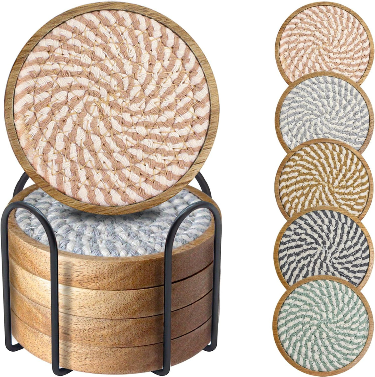 Wood Coasters for Drinks, Eykao Absorbent Coaster Sets of 5, Woven Drink Coasters for Coffee Table, Housewarming Gift for Farmhouse Home Decor,4 inches