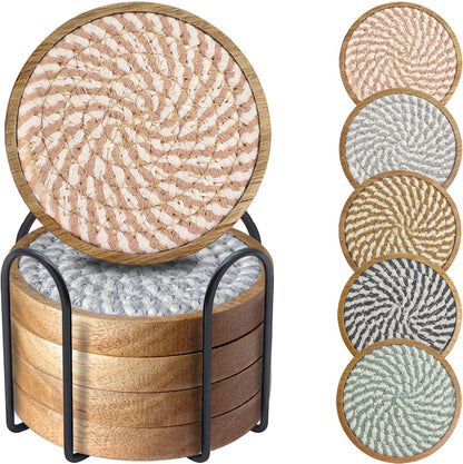 Wood Coasters for Drinks, Eykao Absorbent Coaster Sets of 5, Woven Drink Coasters for Coffee Table, Housewarming Gift for Farmhouse Home Decor,4 inches