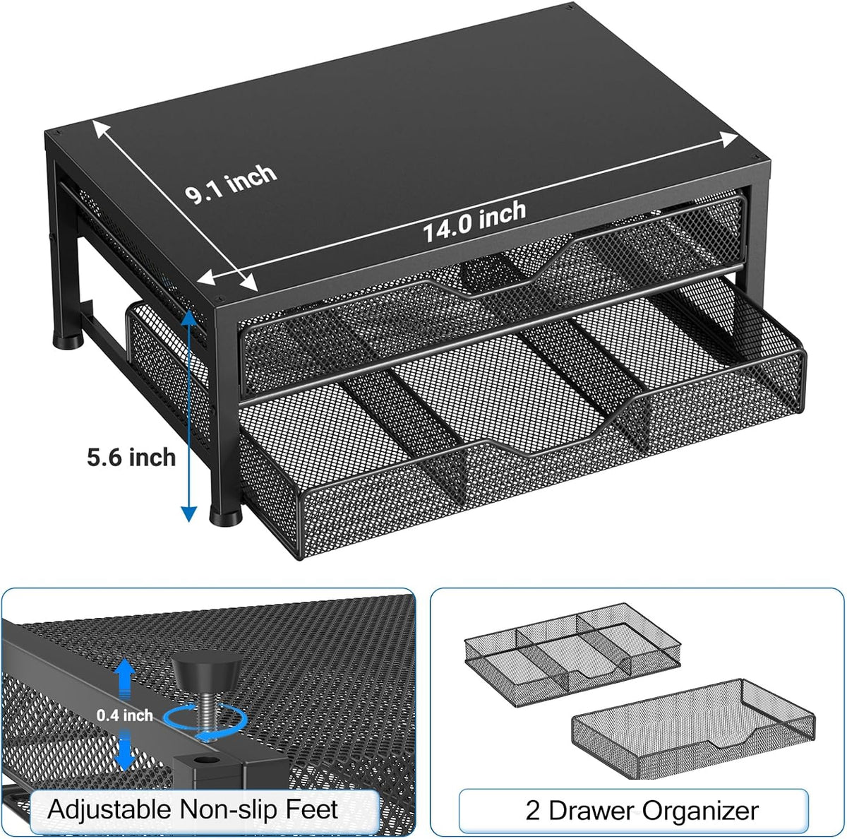 Desk Organizers and Accessories, Computer Monitor Stand Riser with Drawer and 2 Pen Holders, Printer & Laptop Stand, Office Desk Accessories & Workspace Organizers for Home Office Supplies, Black