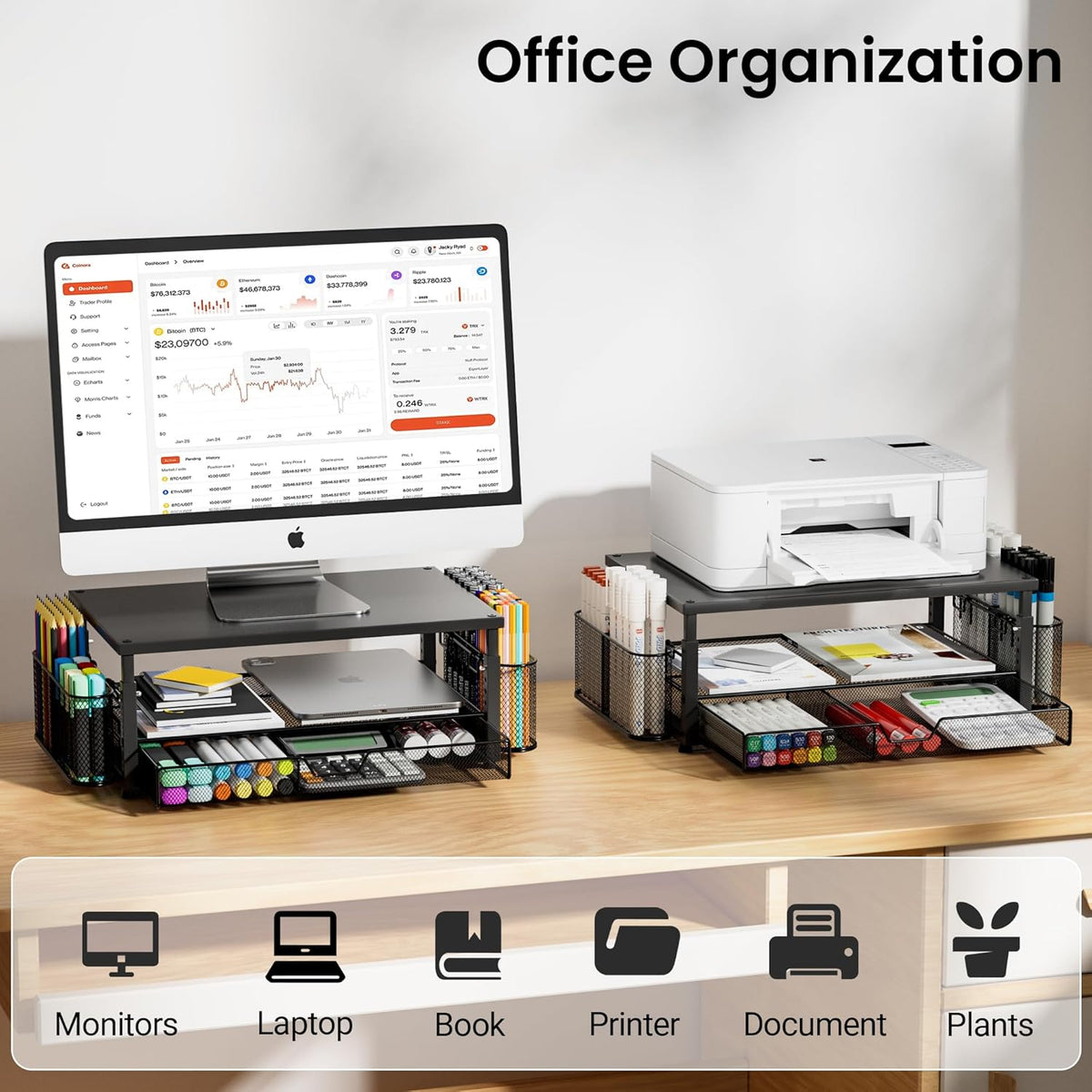 Desk Organizer and Accessories with Cellphone Holder, Height Adjustable 2-Tier Computer Monitor Stand Riser with Drawer and 2 Pen Holders,Office Desk Accessories for Office Supplies, Black