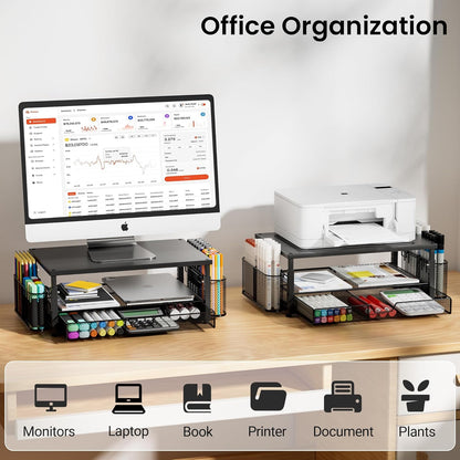 Desk Organizer and Accessories with Cellphone Holder, Height Adjustable 2-Tier Computer Monitor Stand Riser with Drawer and 2 Pen Holders,Office Desk Accessories for Office Supplies, Black