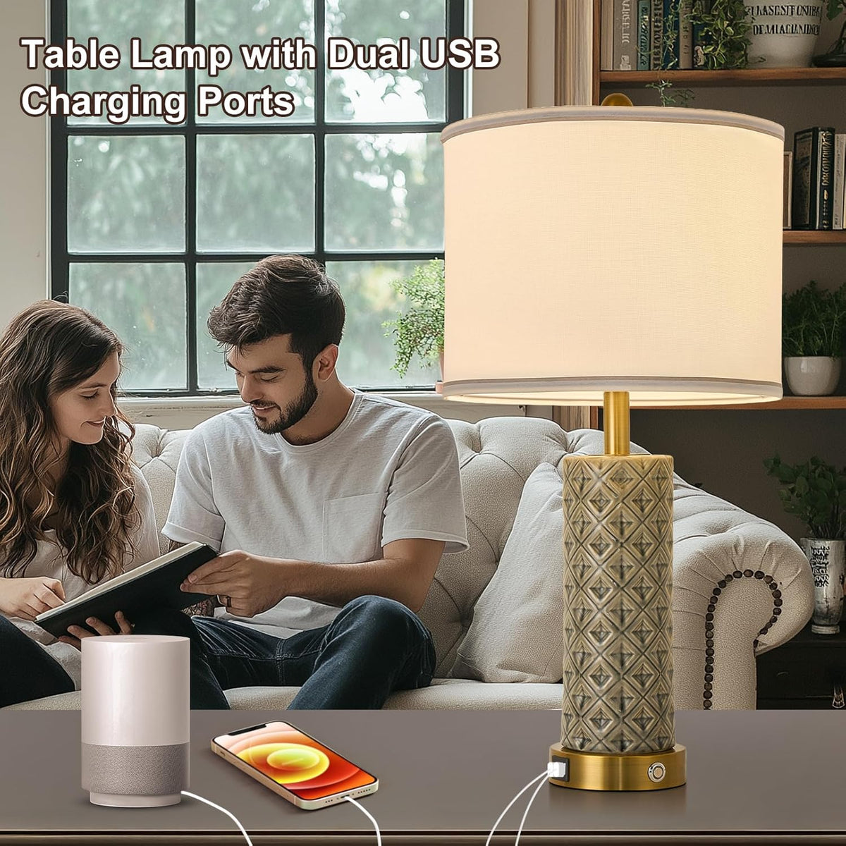 Small Bedside Table Lamp for Bedroom - Reading Desk Lamp with 3 Color Temperatures，15.5" Nightstand Ceramic Lamp with Fabric Shade for Kids Room,Living Room,Dorm,Home Office (Green)