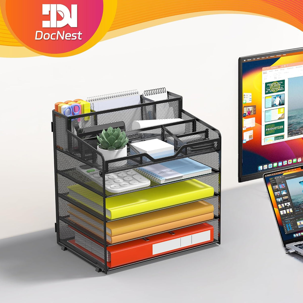 Docnest 5 Tier Mesh Desk Organizer for Paper Office Supplies – Multi-Functional Letter Tray with 5 Adjustable Compartments, 3 Pen Holders, Desktop Storage for Files, Mail, Stationery – Black