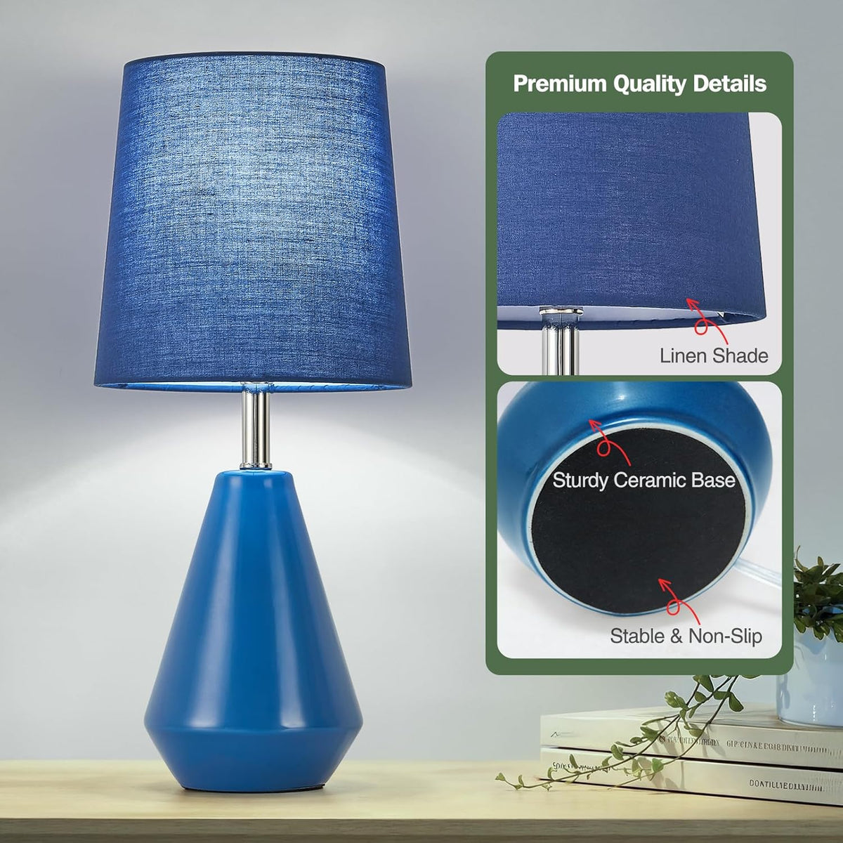 Small Bedside Table Lamp for Bedroom - Reading Desk Lamp with 3 Color Temperatures，15.5" Nightstand Ceramic Lamp with Fabric Shade for Kids Room,Living Room,Dorm,Home Office (Green)