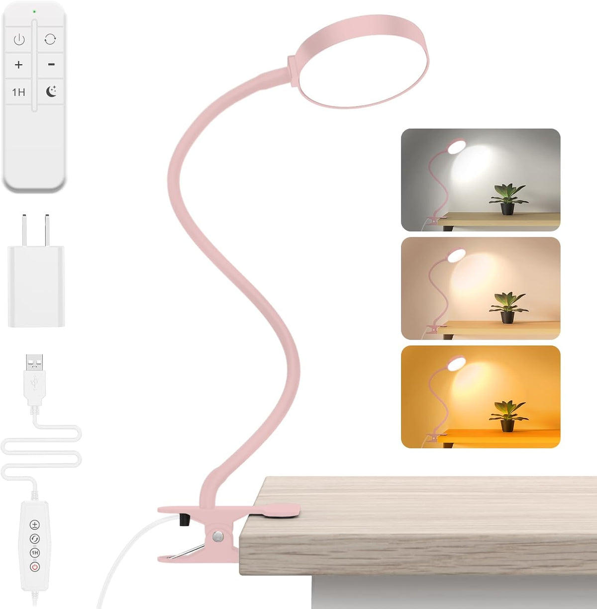 Reading Light with Remote, LED Desk Lamp Clip on [1H Timer & Nightlight] RA>95 Dimmable Flexible Gooseneck, Reading Lamp with Clamp for Table - 3.5'' (Adapter Included)