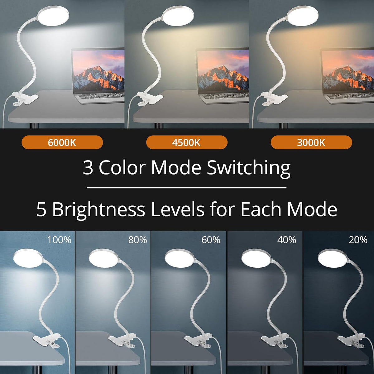 Reading Light with Remote, LED Desk Lamp Clip on [1H Timer & Nightlight] RA>95 Dimmable Flexible Gooseneck, Reading Lamp with Clamp for Table - 3.5'' (Adapter Included)