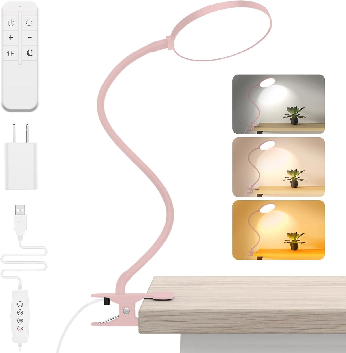 Reading Light with Remote, LED Desk Lamp Clip on [1H Timer & Nightlight] RA>95 Dimmable Flexible Gooseneck, Reading Lamp with Clamp for Table - 3.5'' (Adapter Included)