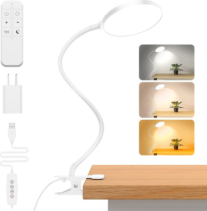 Reading Light with Remote, LED Desk Lamp Clip on [1H Timer & Nightlight] RA>95 Dimmable Flexible Gooseneck, Reading Lamp with Clamp for Table - 3.5'' (Adapter Included)