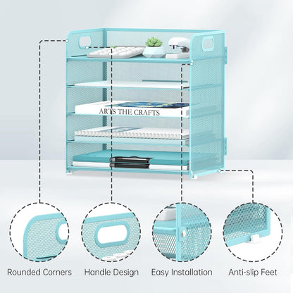 Supeasy 5 Trays Paper Organizer Letter Tray with Handle-Mesh Desk File Holders, Paper Sorter Desk Organizer for Office, Home, Classroom or School