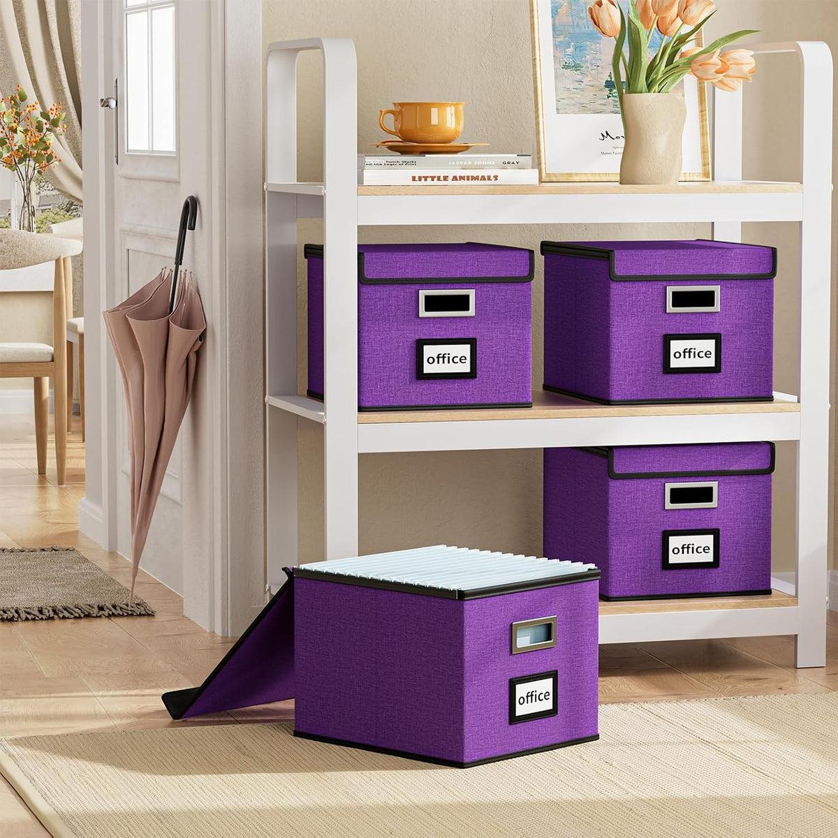 Upgraded Portable File Organizer Box with Lid, Collapsible Linen Hanging Filing Storage Boxes with Plastic Slides, Decorative Home/Office Filing System Box for File and Folders Storage (Gray)