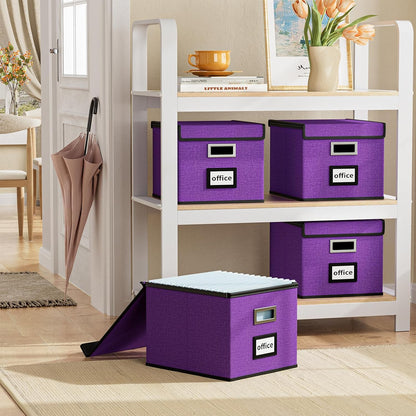Upgraded Portable File Organizer Box with Lid, Collapsible Linen Hanging Filing Storage Boxes with Plastic Slides, Decorative Home/Office Filing System Box for File and Folders Storage (Gray)