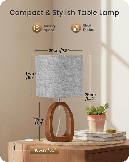 Small Table Lamp, 14.2" Cute Little Desk Lamp, Wood Bedside Lamp with Linen Lampshade, Modern Nightstand Lamp for Bedroom, E26 Base, Bulb Not Included, Beige and Dark Natural LE07TL05