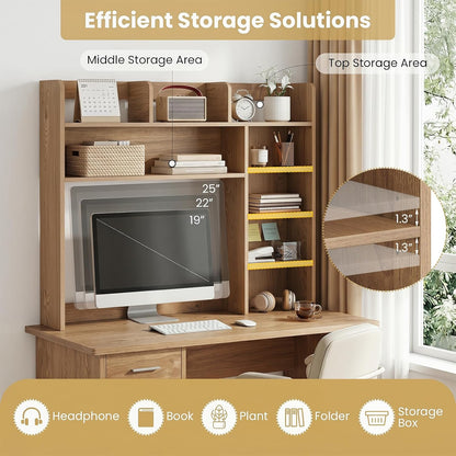 Desktop Bookshelf, Countertop Storage Hutch with 5 Shelves for Computer Desk, Desk 3-Tier Display Rack, Multipurpose Wood Desktop Hutch Storage Organizer for Dorm Office Home