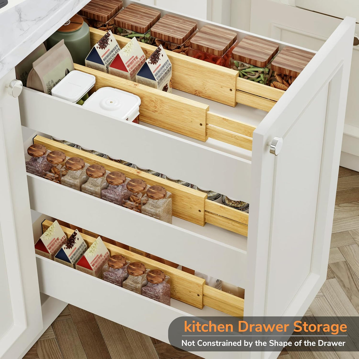 BAMEOS Bamboo Expandable Drawer Dividers – Fits 16.6"–22" Drawers, 2" High, Set of 4 | Spring-Loaded Bamboo Separator for Kitchen Island, Bathroom Vanity & Dresser Drawers