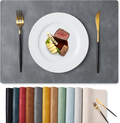 MOSAYT Vinyl Placemats Set of 6-12 X 17 Inch - Faux Leather 100% Waterproof Oil-Proof Wipeable PU Place Mats, Heat Resistant Reversible Table Mats for Kitchen, Dining, Outdoor, Reddish Brown