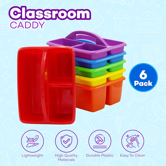 4E's Novelty Classroom Caddy Set of 6, Plastic Caddies for Supply, Caddy Organizer with Handle for Classroom, Rainbow Colors, Desk Caddies for Supplies Keep Desks and Work Stations Organized