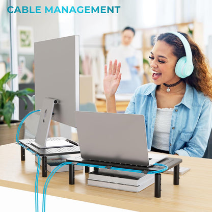 BONTEC Adjustable Monitor Stand Riser with Drawer, Ergonomic Mesh Platform Computer Monitor Stand for Desk, Ventilated Laptop and PC Stand with Cable Management, Supports up to 44lbs