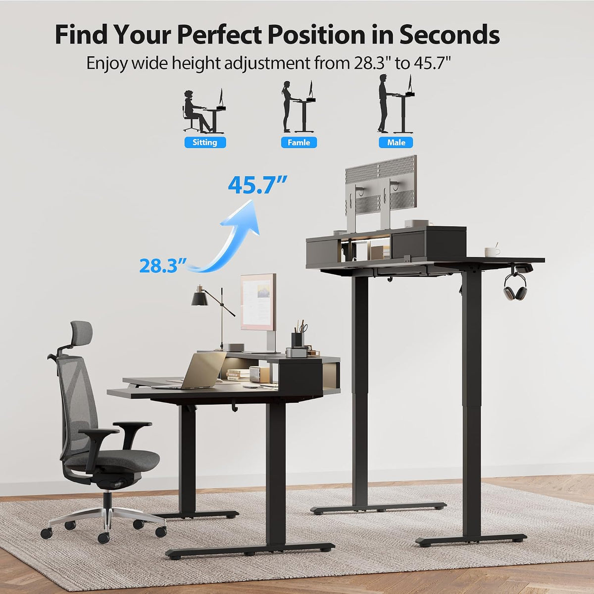 48 * 24 Inch Electric Standing Desk with Shelf & Led, Dark Walnut