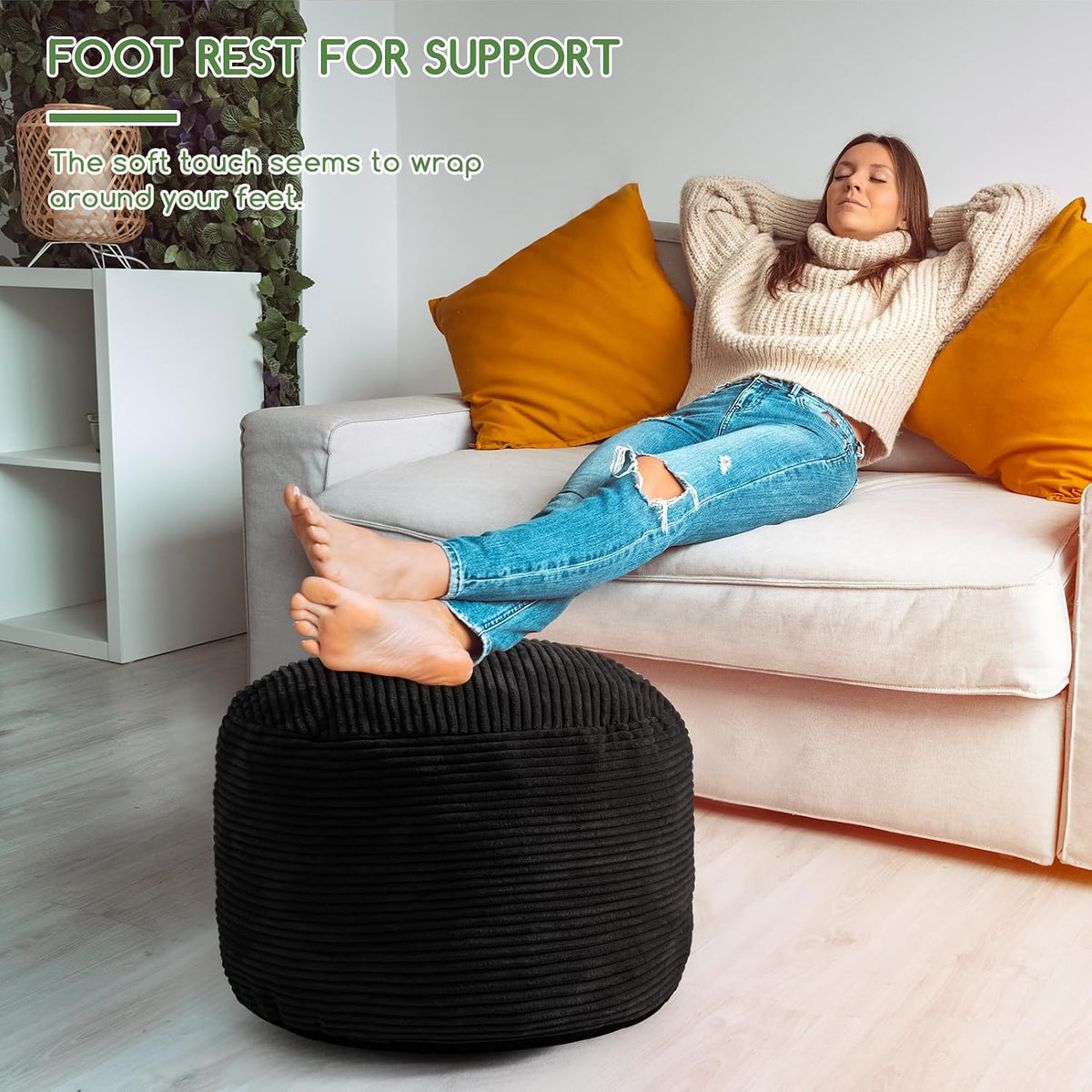 Round Stuffed Pouf Ottoman, Corduroy Poufs with Foam Chunk Filling, Furry and Fluffy Pouf Foot Stool Storage Ottoman, 20 X 15 Floor Poufs Foot Rest for Living Room, Dark Grey