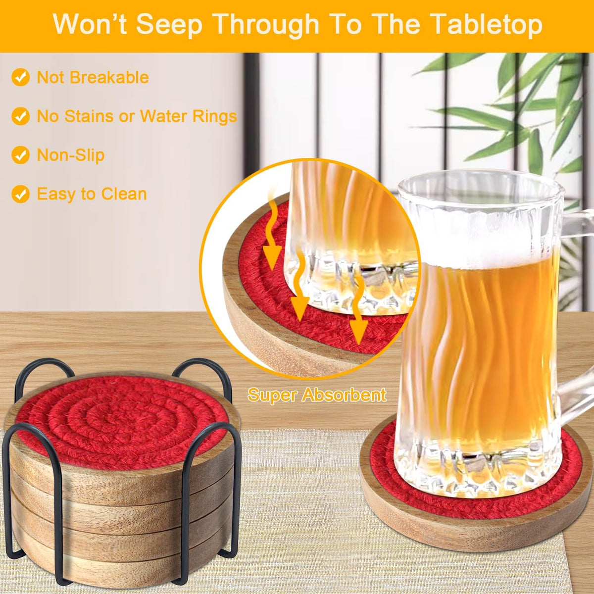 Wood Coasters for Drinks, Eykao Absorbent Coaster Sets of 5, Woven Drink Coasters for Coffee Table, Housewarming Gift for Farmhouse Home Decor,4 inches