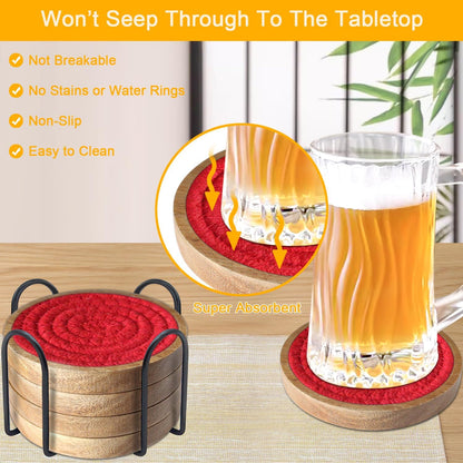 Wood Coasters for Drinks, Eykao Absorbent Coaster Sets of 5, Woven Drink Coasters for Coffee Table, Housewarming Gift for Farmhouse Home Decor,4 inches