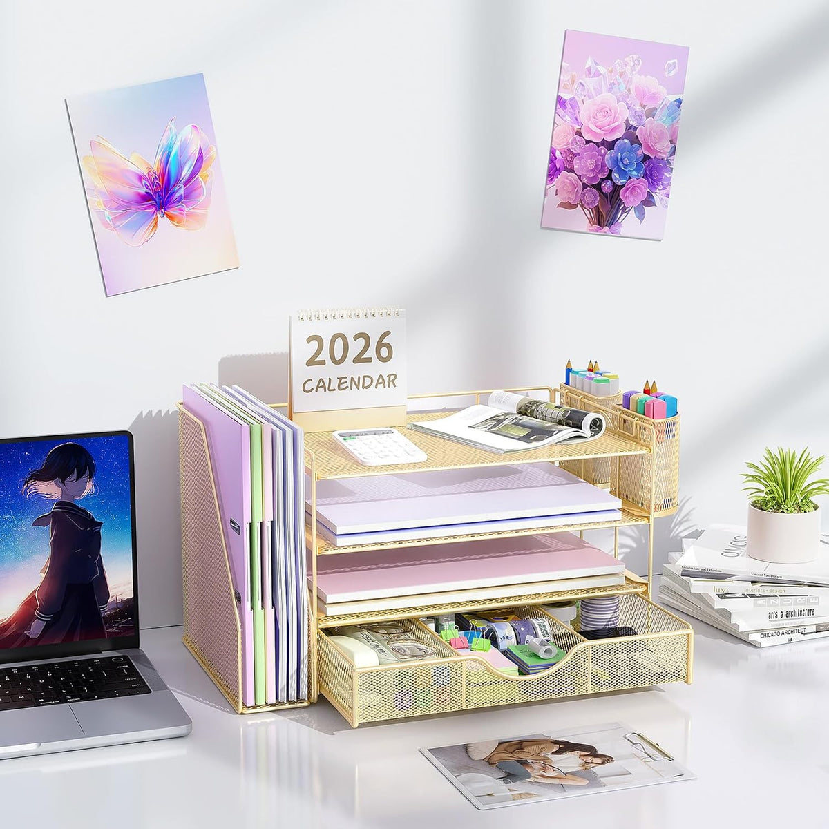 gianotter Desk Organizers and Accessories with File Holder, 4-Tier Desk Accessories & Workspace Organizers with Drawer and 2 Pen Holder, Paper Organizer for Office Supplies (Rose Gold)