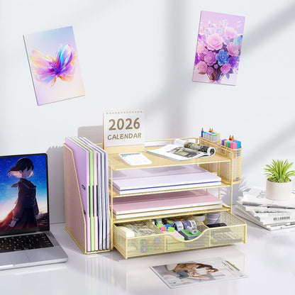 gianotter Desk Organizers and Accessories with File Holder, 4-Tier Desk Accessories & Workspace Organizers with Drawer and 2 Pen Holder, Paper Organizer for Office Supplies (Rose Gold)