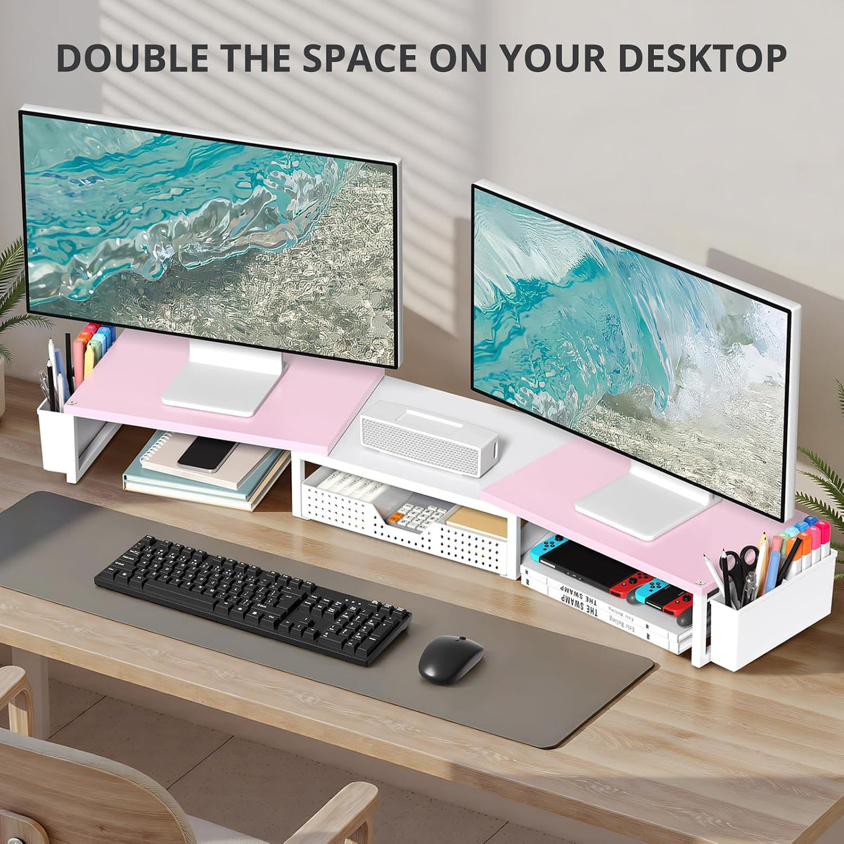 OPNICE Desk Organizers and Accessories, Dual Monitor Stand Riser with Drawer and 2 Pen Holders, Desk Shelf Metal Computer Racks for Office Workspace Organizers, Desktop Organization (Black Metal)