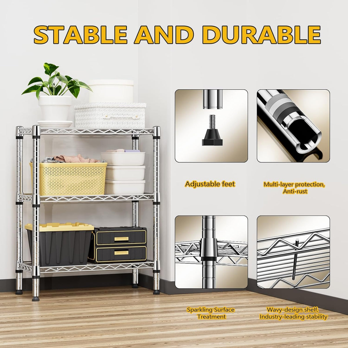 M MZG 450 lbs Steel Storage Shelving 3-Tier Utility Shelving Unit Steel Organizer Wire Rack for Home,Kitchen,Office (11.8" D x 17.7" W x 26.3" H) - Colors A