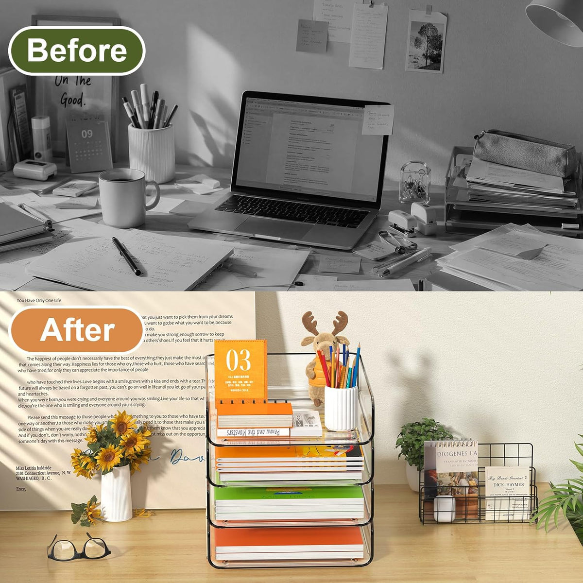 FANXIYQ 4-Tier Acrylic Paper Tray Organizer, Clear Stackable Desk File Organizer for Documents, Files, Letters, A4 Paper, Books, Notes, Mail & Paper Storage, Office Classroom Home