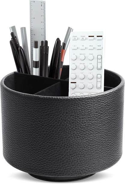 Round Leather Art Supply Organizer,Remote Control Holder,360 Degree Rotating,Multi-Functional Pencil Holder,4 Compartments Desktop Stationary Organizer(1-Blue Bird) - Colors C