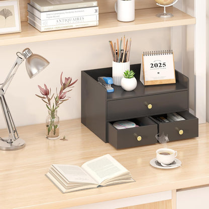Bamboo Desk Organizer with Drawers Wooden Desktop Storage Drawers (1, Black 3 Drawer)