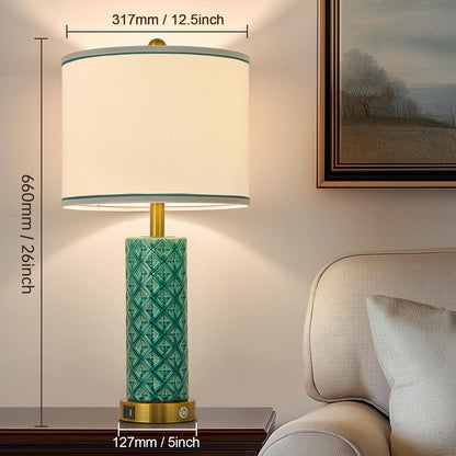 Small Bedside Table Lamp for Bedroom - Reading Desk Lamp with 3 Color Temperatures，15.5" Nightstand Ceramic Lamp with Fabric Shade for Kids Room,Living Room,Dorm,Home Office (Green)