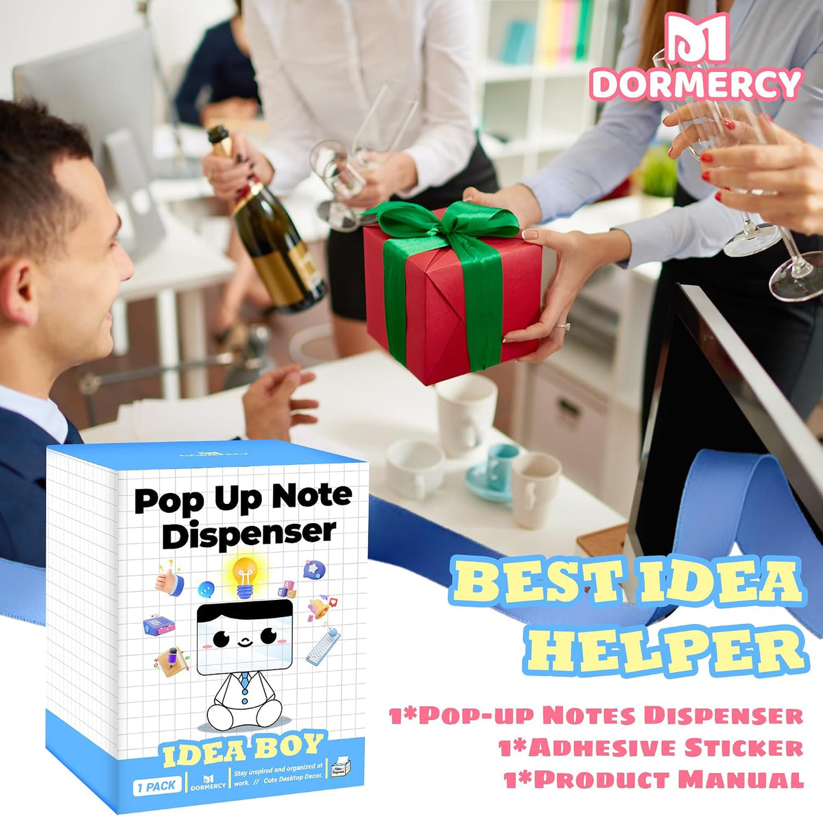 Pop-up Notes Dispenser for Desk, Idea Boy Sticky Note Holder for Office School, Cute Office Supplies, 3x3 in, Magnetic Design, White, 1 Pack