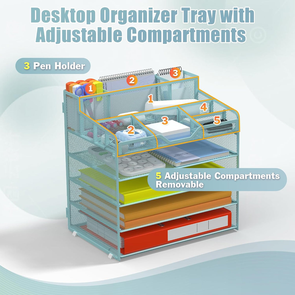 Docnest 5 Tier Mesh Desk Organizer for Paper Office Supplies – Multi-Functional Letter Tray with 5 Adjustable Compartments, 3 Pen Holders, Desktop Storage for Files, Mail, Stationery – Black