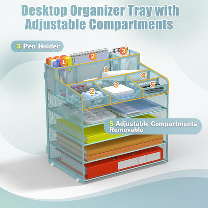 Docnest 5 Tier Mesh Desk Organizer for Paper Office Supplies – Multi-Functional Letter Tray with 5 Adjustable Compartments, 3 Pen Holders, Desktop Storage for Files, Mail, Stationery – Black
