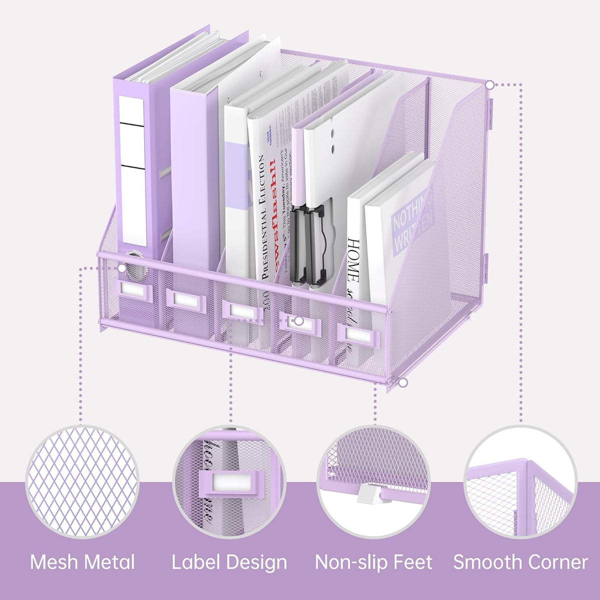 Desk Organizers Metal Desk Magazine File Holder with 5 Vertical Compartments Rack File Organizer for Office Desktop, Classroom, Home Workspace, Black