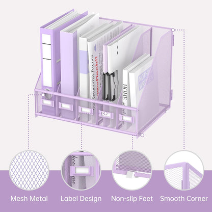 Desk Organizers Metal Desk Magazine File Holder with 5 Vertical Compartments Rack File Organizer for Office Desktop, Classroom, Home Workspace, Black