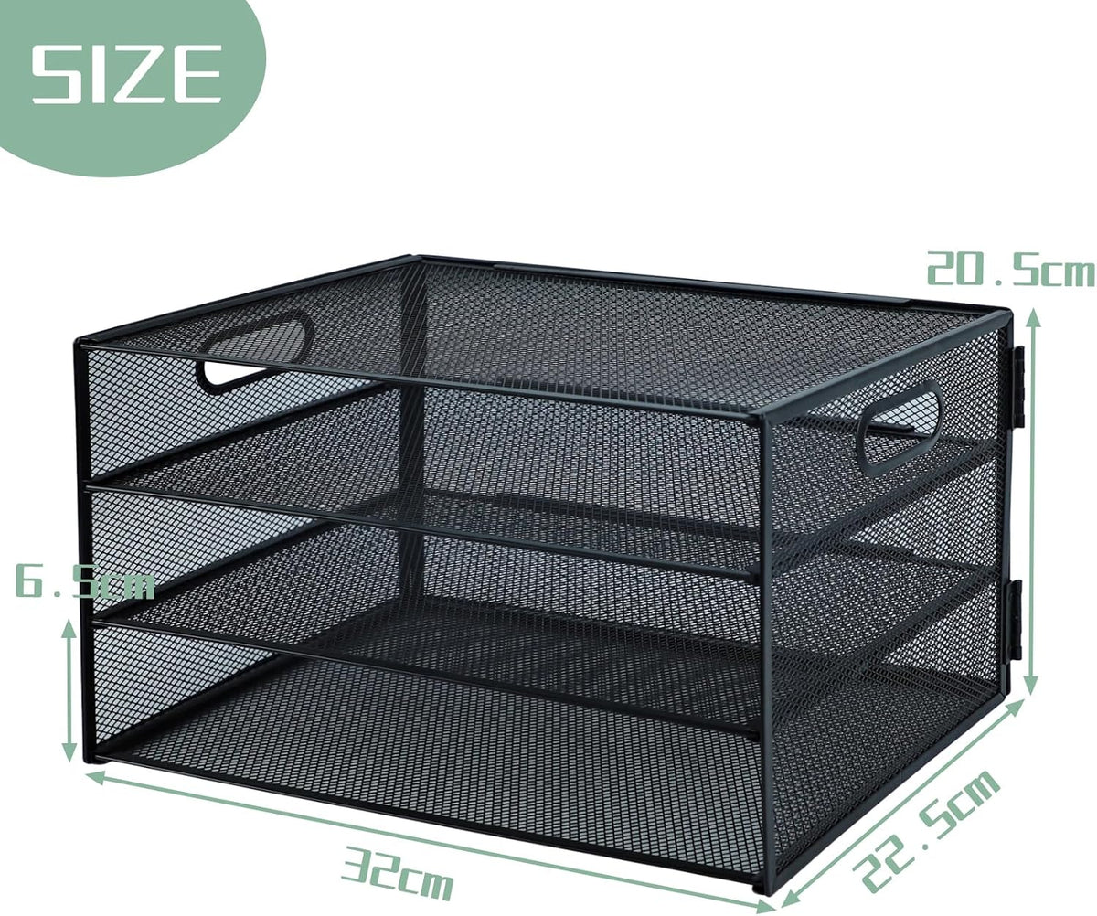 Paper Letter Tray with Handle, 3 Tier Metal Mesh Desk File Organizer, A4 Paper Desktop Filing Trays, Desk Tidy Magazine Document Holder for Home Office, Black