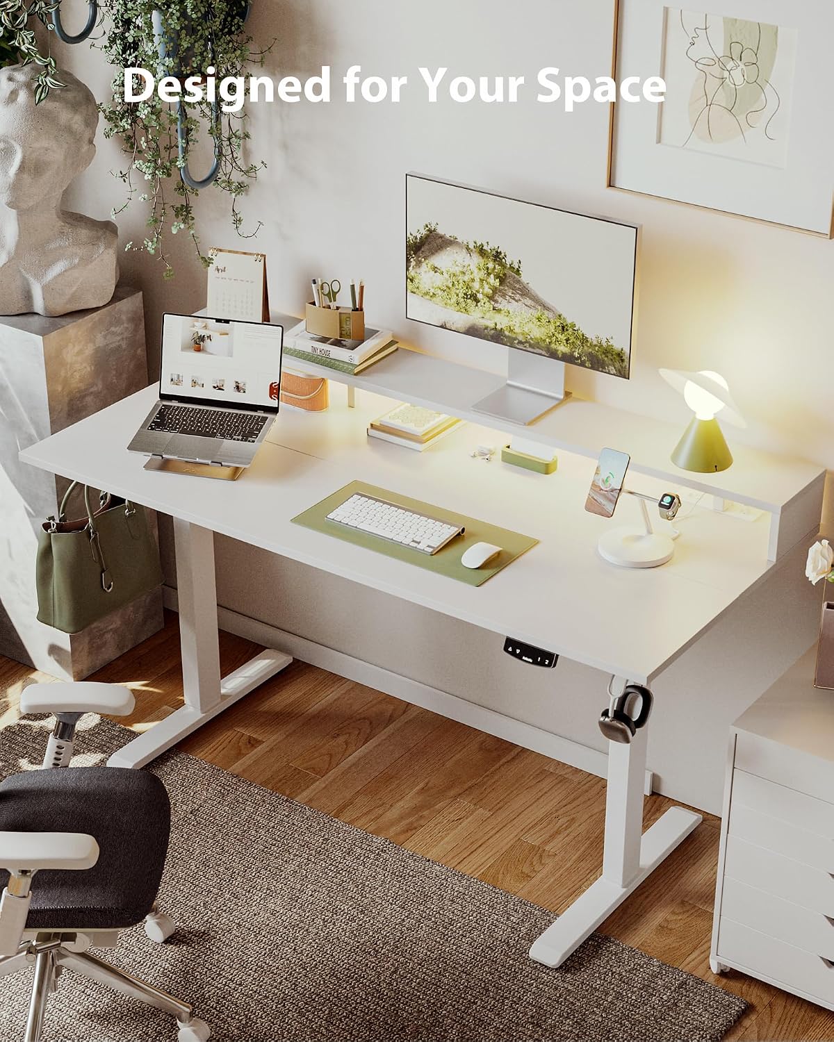 48 * 24 Inch Electric Standing Desk with Shelf & Led, Dark Walnut