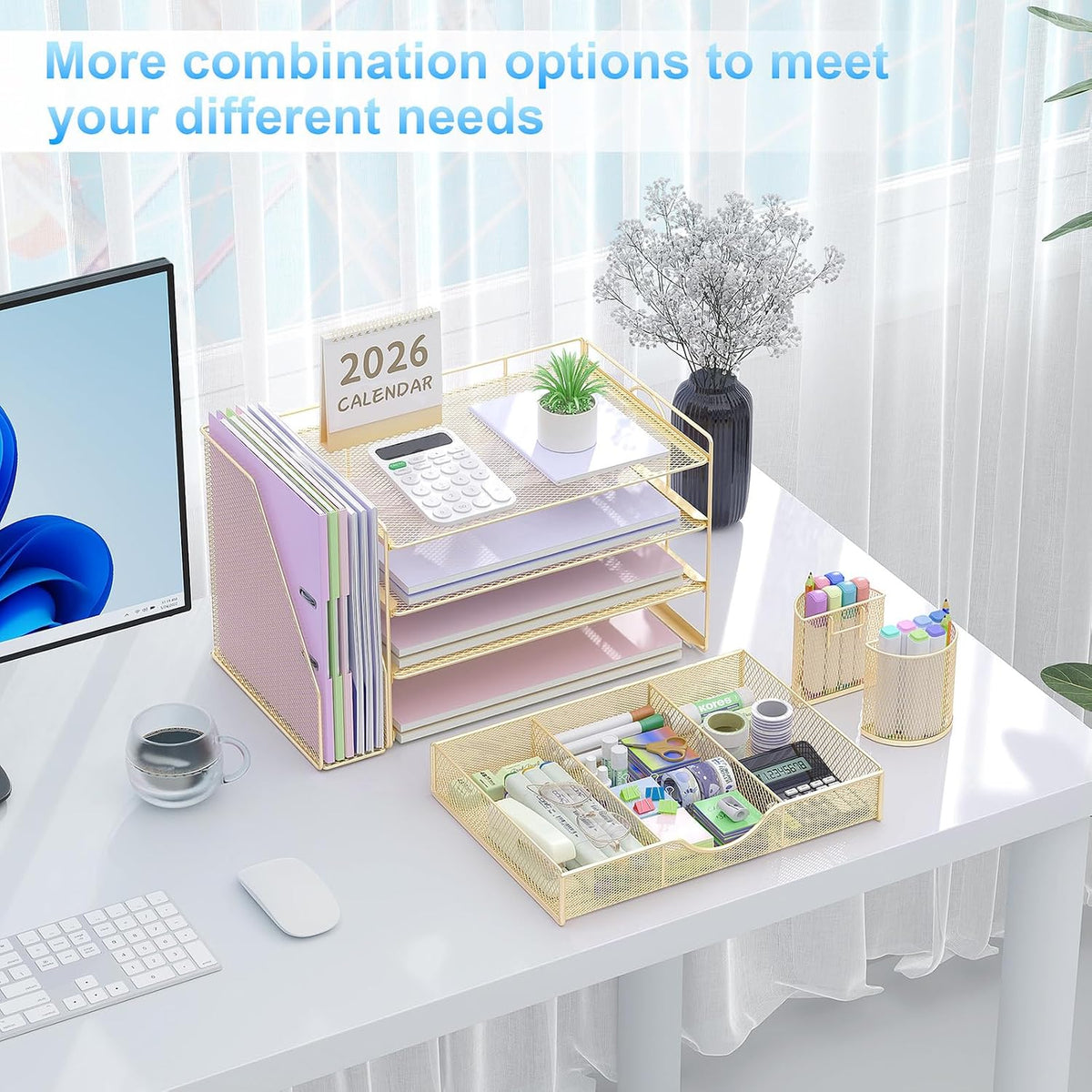 gianotter Desk Organizers and Accessories with File Holder, 4-Tier Desk Accessories & Workspace Organizers with Drawer and 2 Pen Holder, Paper Organizer for Office Supplies (Rose Gold)
