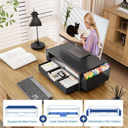 Desk Organizers and Accessories, Computer Monitor Stand Riser with Drawer and 2 Pen Holders, Printer & Laptop Stand, Office Desk Accessories & Workspace Organizers for Home Office Supplies, Black