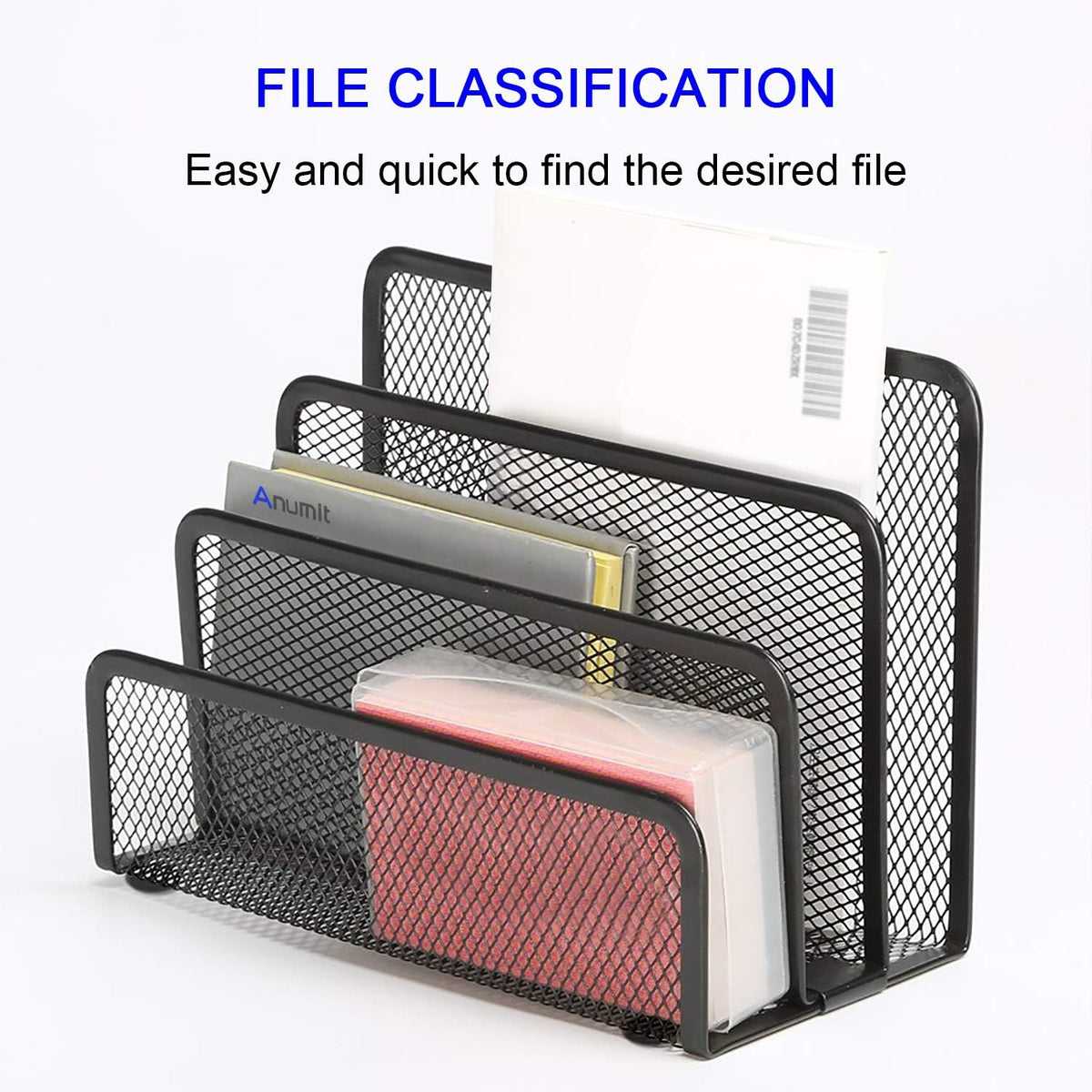 Desk Mail Organizer, File Holder Letter Sorter with 3 Vertical Upright Metal Mesh Compartments Document, Filing, Folders, Mail, Paper Organizer for Home or Office Desktop