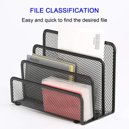 Desk Mail Organizer, File Holder Letter Sorter with 3 Vertical Upright Metal Mesh Compartments Document, Filing, Folders, Mail, Paper Organizer for Home or Office Desktop