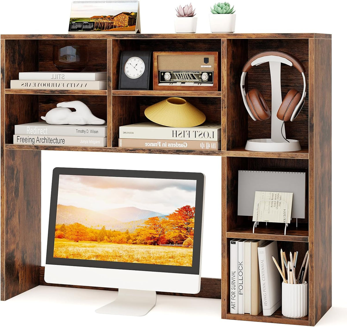 Desktop Bookshelf, Countertop Storage Hutch with 5 Shelves for Computer Desk, Desk 3-Tier Display Rack, Multipurpose Wood Desktop Hutch Storage Organizer for Dorm Office Home
