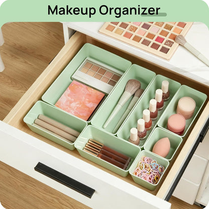 Vtopmart 25 PCS Clear Plastic Drawer Organizers Set, 4-Size Versatile Bathroom and Vanity Drawer Organizer Trays, Storage Bins for Makeup, Bedroom, Kitchen Gadgets Utensils and Office