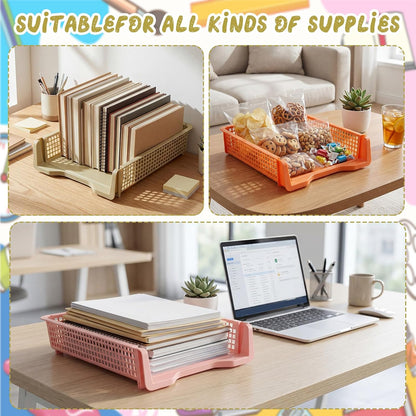 Tenceur 6 Pcs Turn in Trays Classroom, Pastel Paper Tray for Classroom Organization and Storage Stackable Plastic Book Baskets Teacher Organizers for Library Drawers Office Desk