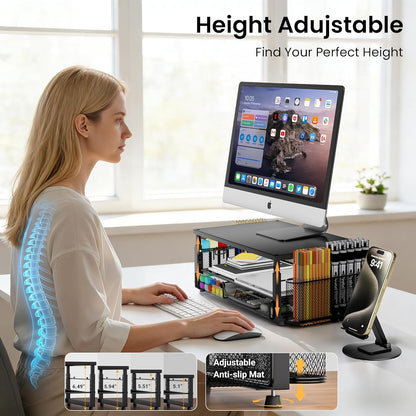 Desk Organizer and Accessories with Cellphone Holder, Height Adjustable 2-Tier Computer Monitor Stand Riser with Drawer and 2 Pen Holders,Office Desk Accessories for Office Supplies, Black