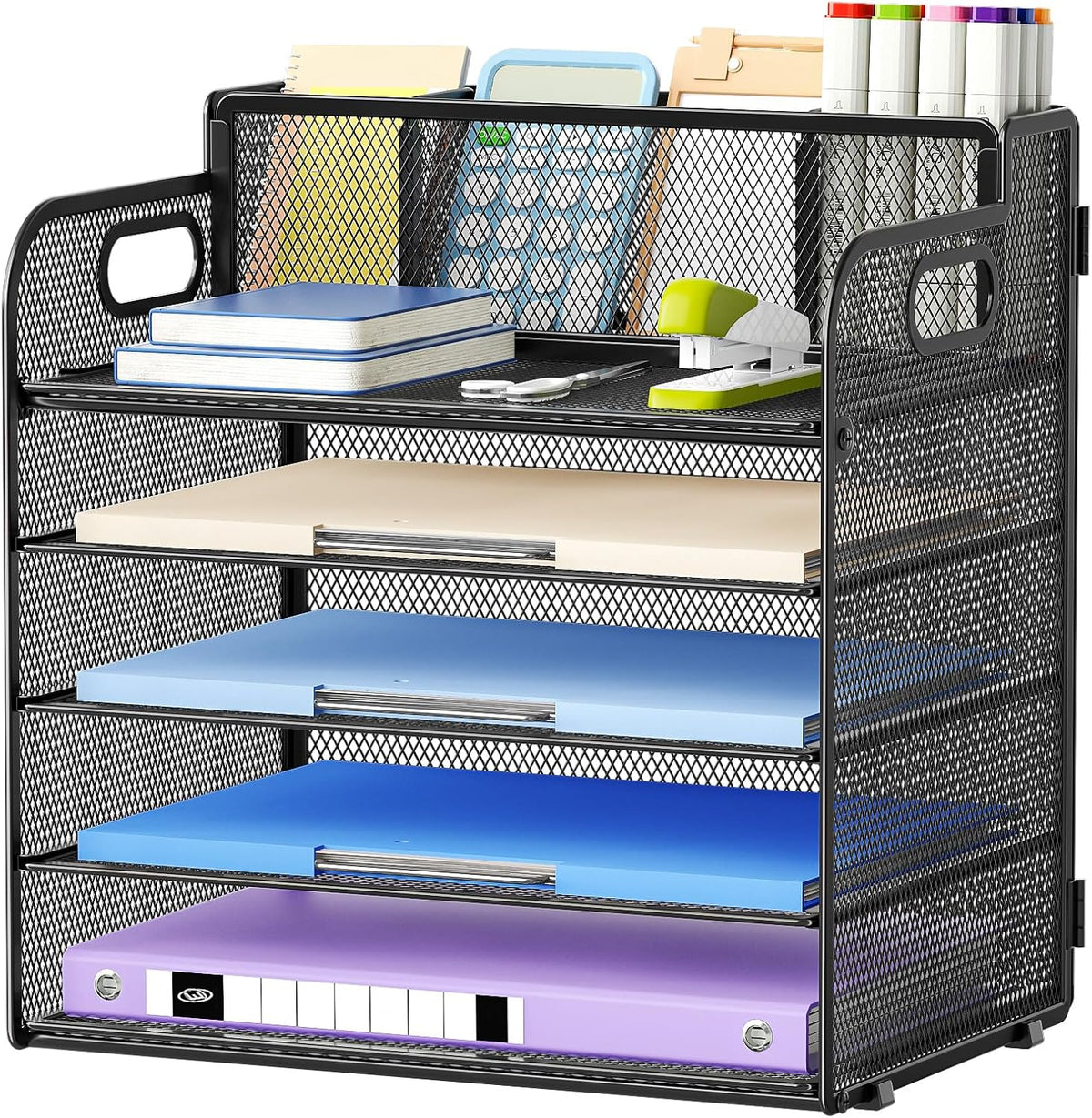 Marbrasse 5 Tier Paper Organizer Letter Tray, Mesh Desk File Organizer with Handle, Paper Sorter Desk Organizer for Home Office Supplies - Black, Adjustable