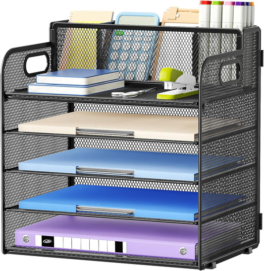 Marbrasse 5 Tier Paper Organizer Letter Tray, Mesh Desk File Organizer with Handle, Paper Sorter Desk Organizer for Home Office Supplies - Black, Adjustable